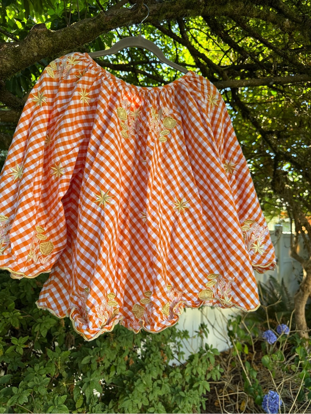 Innika Choo Gingham Embroidered Floral Off Shoulder Peasant Blouse